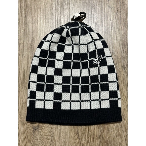 Y2K Fox Racing White Black Plaid Knitted Beanie Hat - Picture 1 of 6